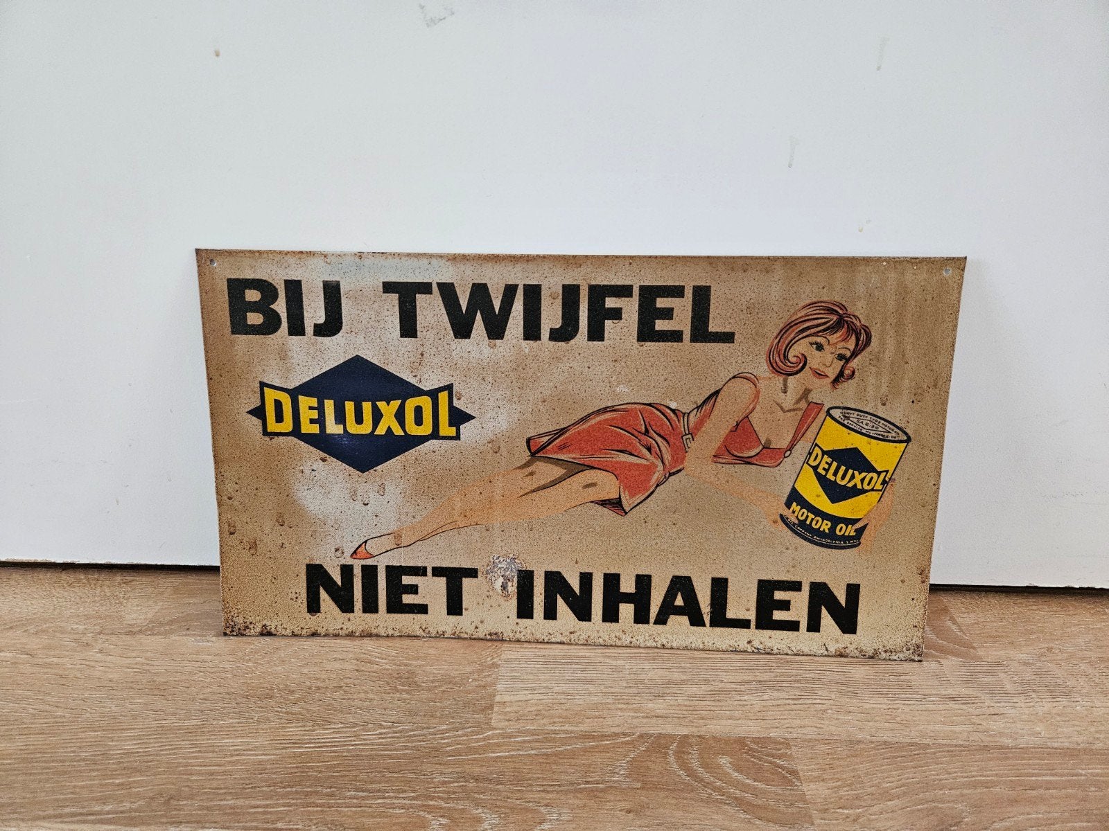 Vintage Deluxol Reclamebord - Bij Twijfel Niet Inhalen, Verzamelen, Ophalen of Verzenden, Gebruikt, Reclamebord