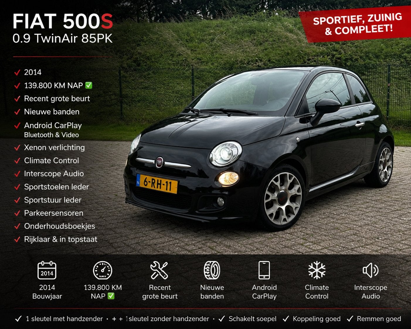 Fiat 500s 0.9 Twinair C ‘14|APK’Feb27|Carplay|ParkSens|NAP, Auto's, Voorwielaandrijving, Leder en Stof, Origineel Nederlands, Bedrijf