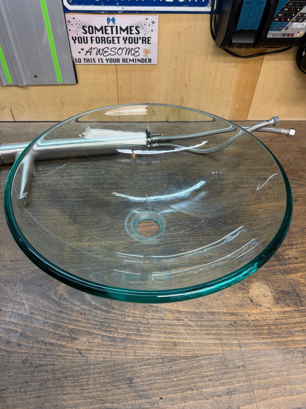 Glazen waskom met RVS mengkraan - 42cm diameter, Minder dan 50 cm, Gebruikt, Ophalen of Verzenden, Minder dan 100 cm