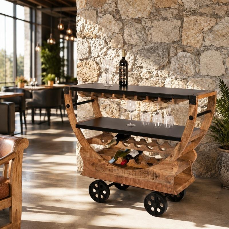 SHOWROOM MODEL Houten Wijnkar Wijntrolley Vintage Wijnrek, Info@dehanzeherten.nl, De Hanze Herten BV, 5 tot 15 flessen, Nieuw