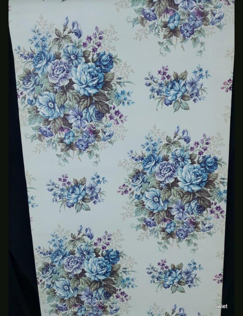 14040 Origineel vintage behang bloemenboeket 60s blauw swiet, Ophalen of Verzenden, 75 m² of meer, Paars