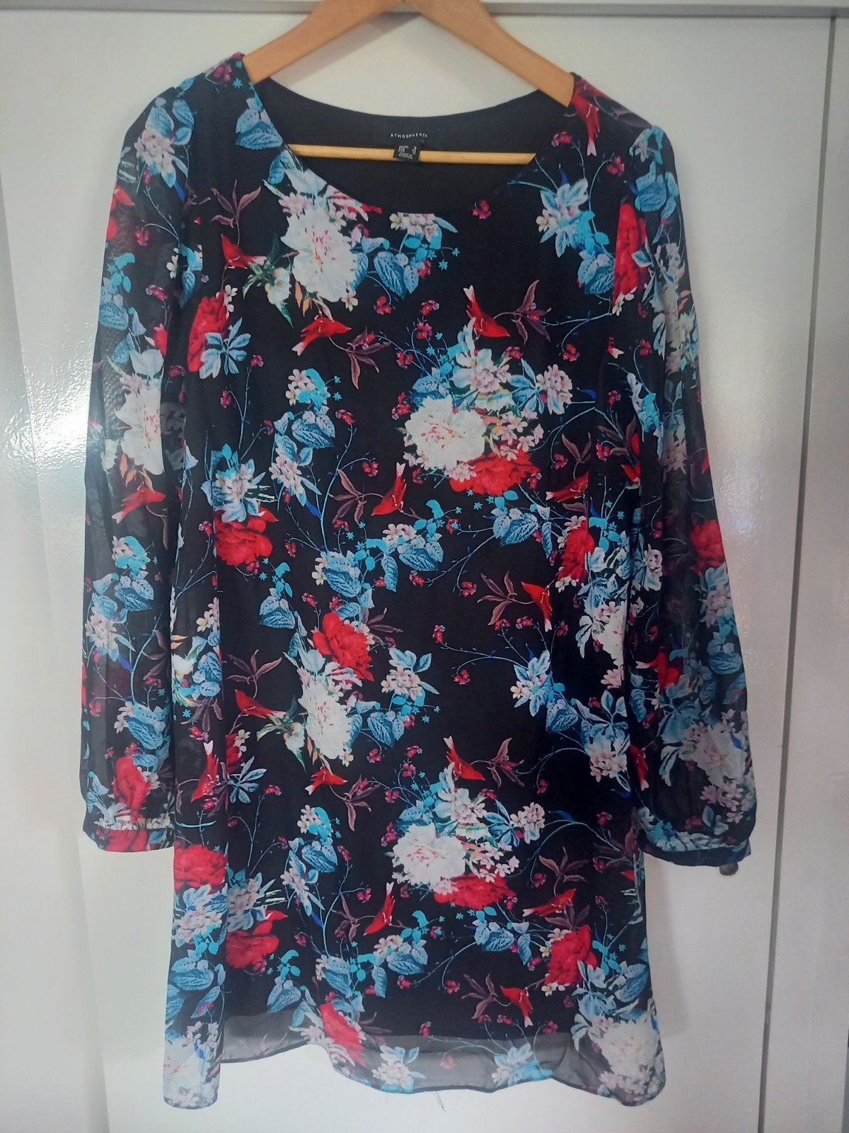 Zwarte jurk met bloemen en vogels - Maat 42, Zwart, Maat 42/44 (L), Ophalen of Verzenden, Zo goed als nieuw