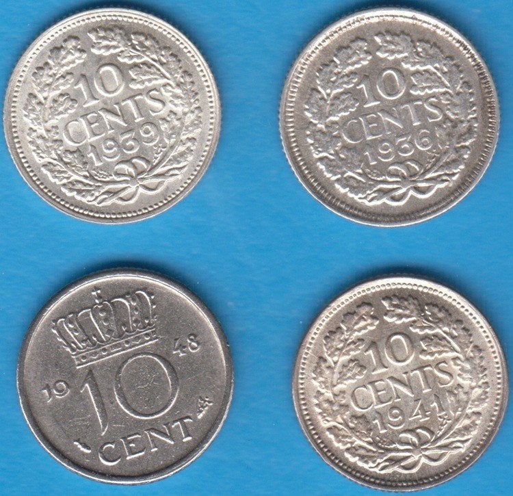 Nederland 10 cent 1936, 1939, 1941 zilver + 1948 Wilhelmina, Postzegels en Munten, Munten | Nederland, Zilver, 10 cent, Koningin Wilhelmina