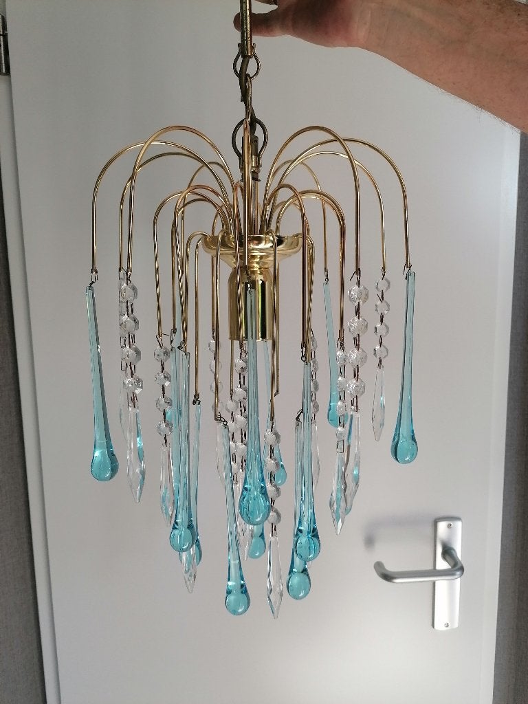 bijzonder vintage teardrop hanglamp met blauwe kristal pegel, Antiek en Kunst, Antiek | Lampen, Ophalen of Verzenden