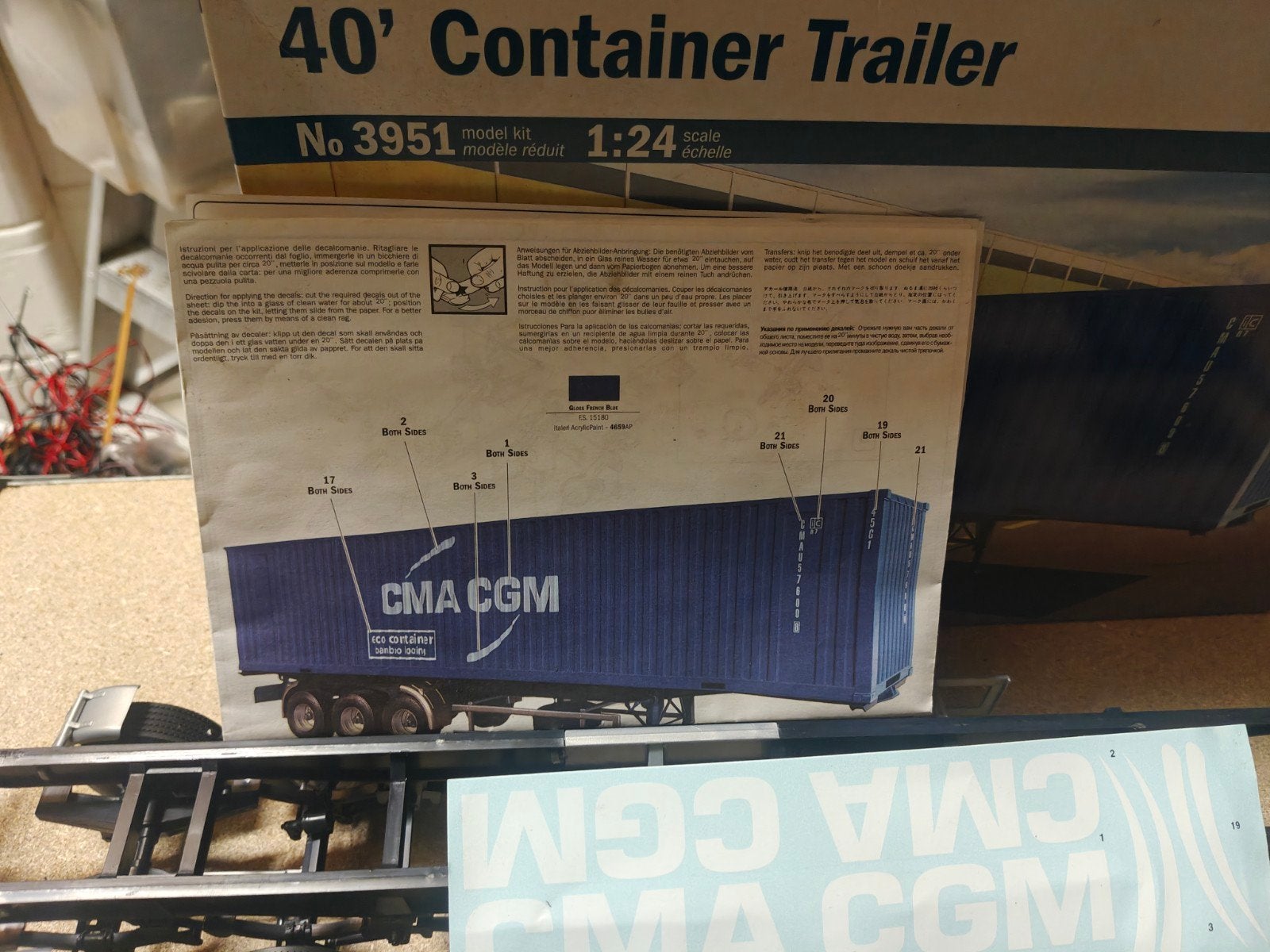 italeri 9351 1/24 40 voets container + trailer CMACGM, Gebruikt, Italeri, Ophalen of Verzenden, Groter dan 1:32