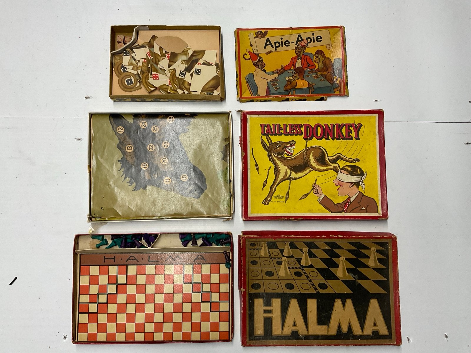 Vintage Bordspellen Collectie: Halma, Apie-Apie, Tail-Less D, Antiek en Kunst, Ophalen of Verzenden