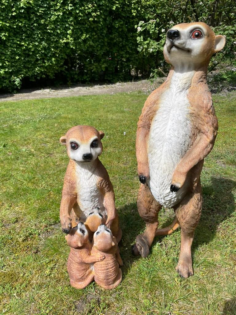 Stokstaartjes familie met drieling beelden tuin dierentuin, Tuin en Terras, Tuinbeelden, Ophalen, Kunststof