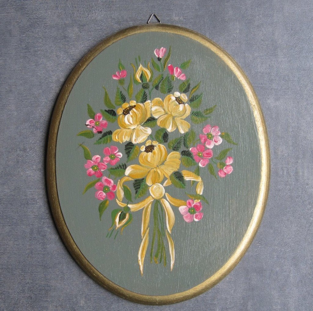 Brocant houten paneel met (handgeschilderde) bloemen, Ophalen of Verzenden
