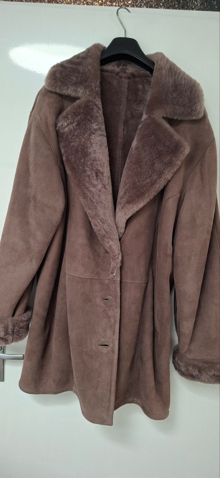 Damesjas maat 48, echt suède (lammy coat) met bont, Bruin, Maat 46/48 (XL) of groter, Ophalen of Verzenden, Zo goed als nieuw