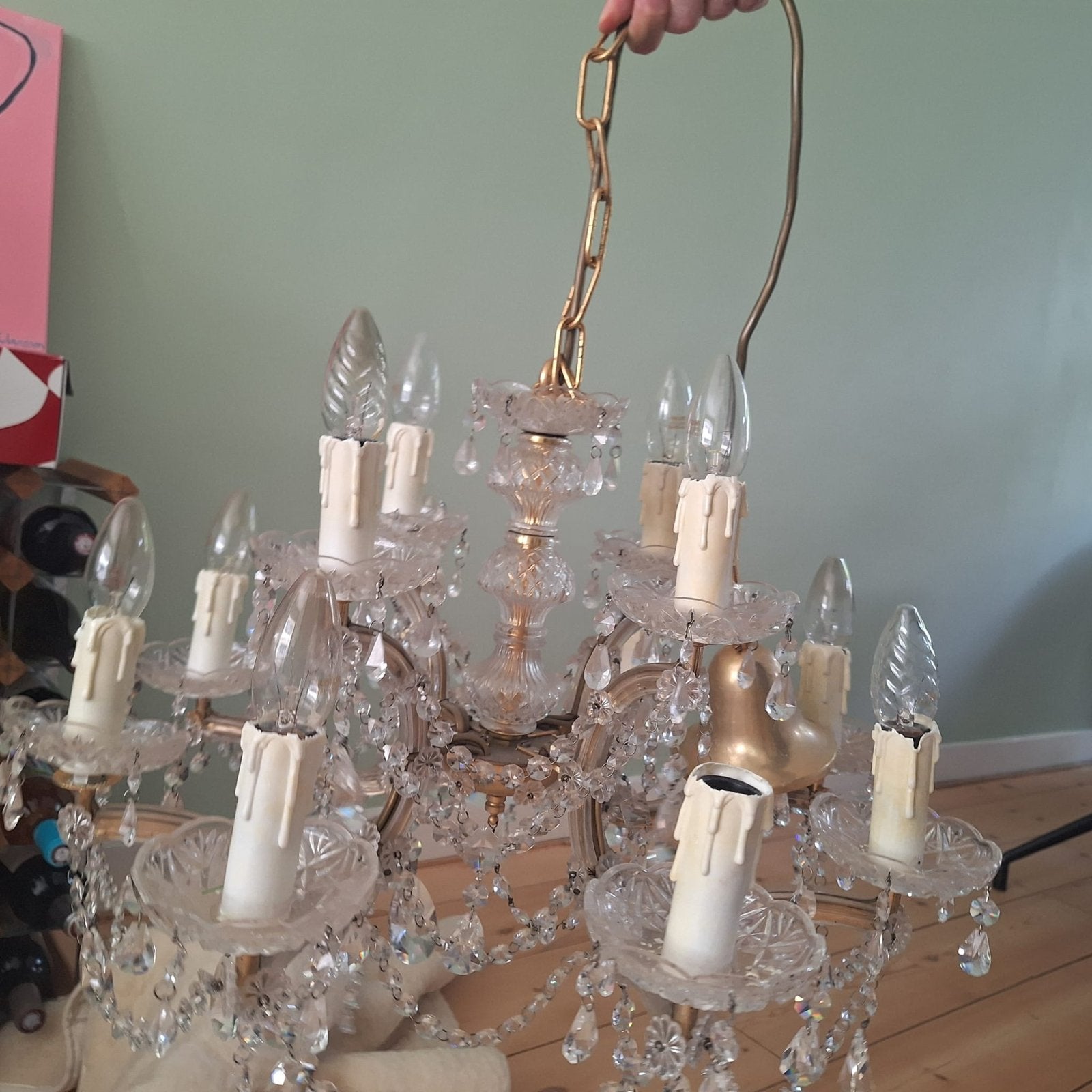 Elegante Glazen Kroonluchter met Kristallen Details, Huis en Inrichting, Ophalen, Zo goed als nieuw, Glas, E14 (klein)