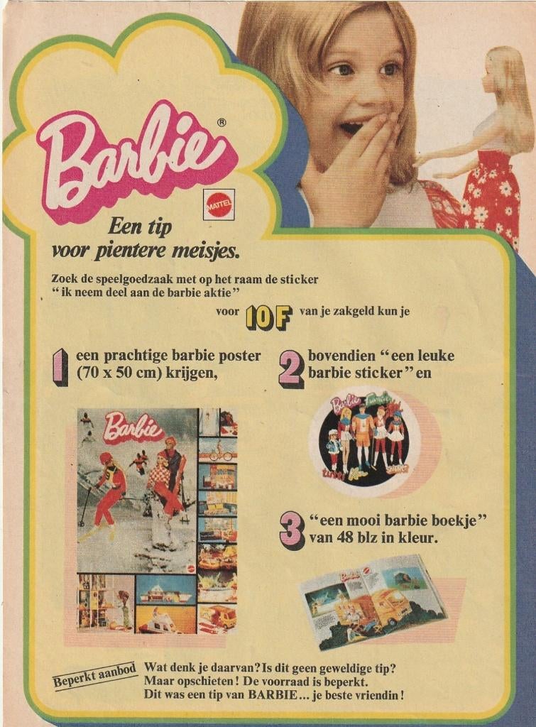 Retro reclame 1975 Mattel Barbie actie poster pop, Verzenden, Overige typen
