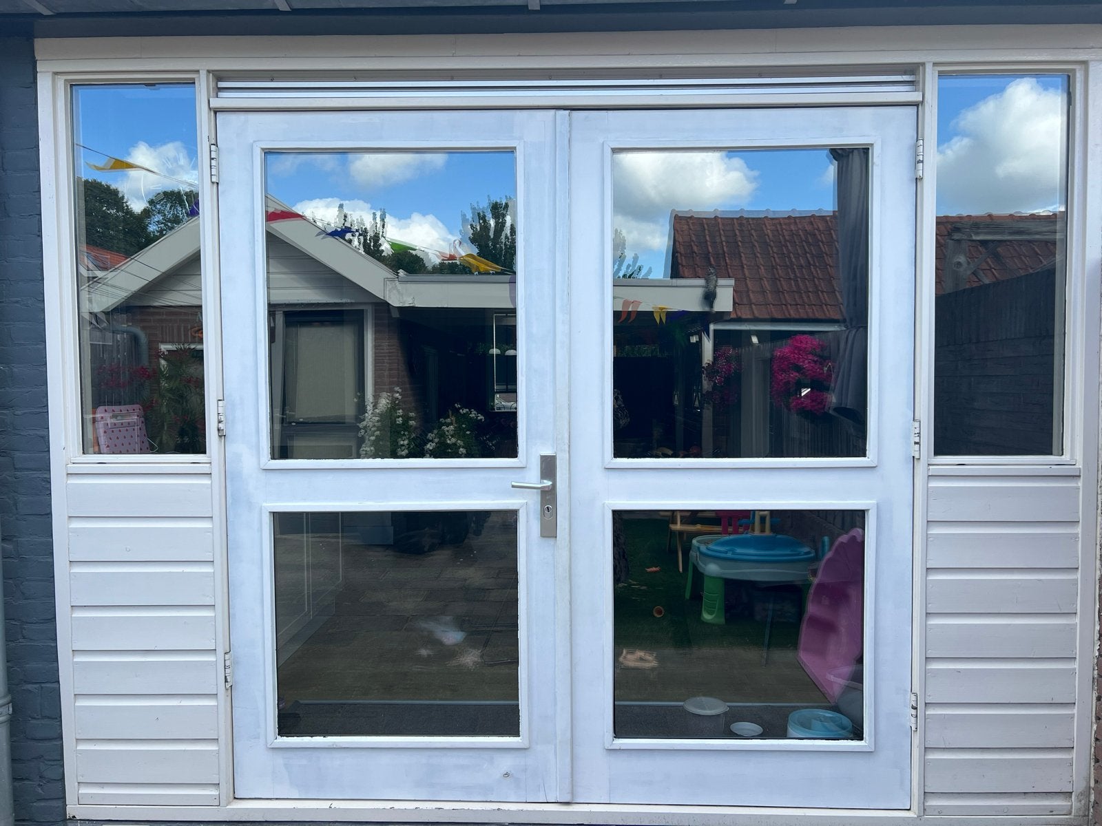 Twee dubbelglas deuren met beslag en sloten (102x207cm), Doe-het-zelf en Verbouw, Deuren en Horren, Gebruikt, Buitendeur, 200 tot 215 cm