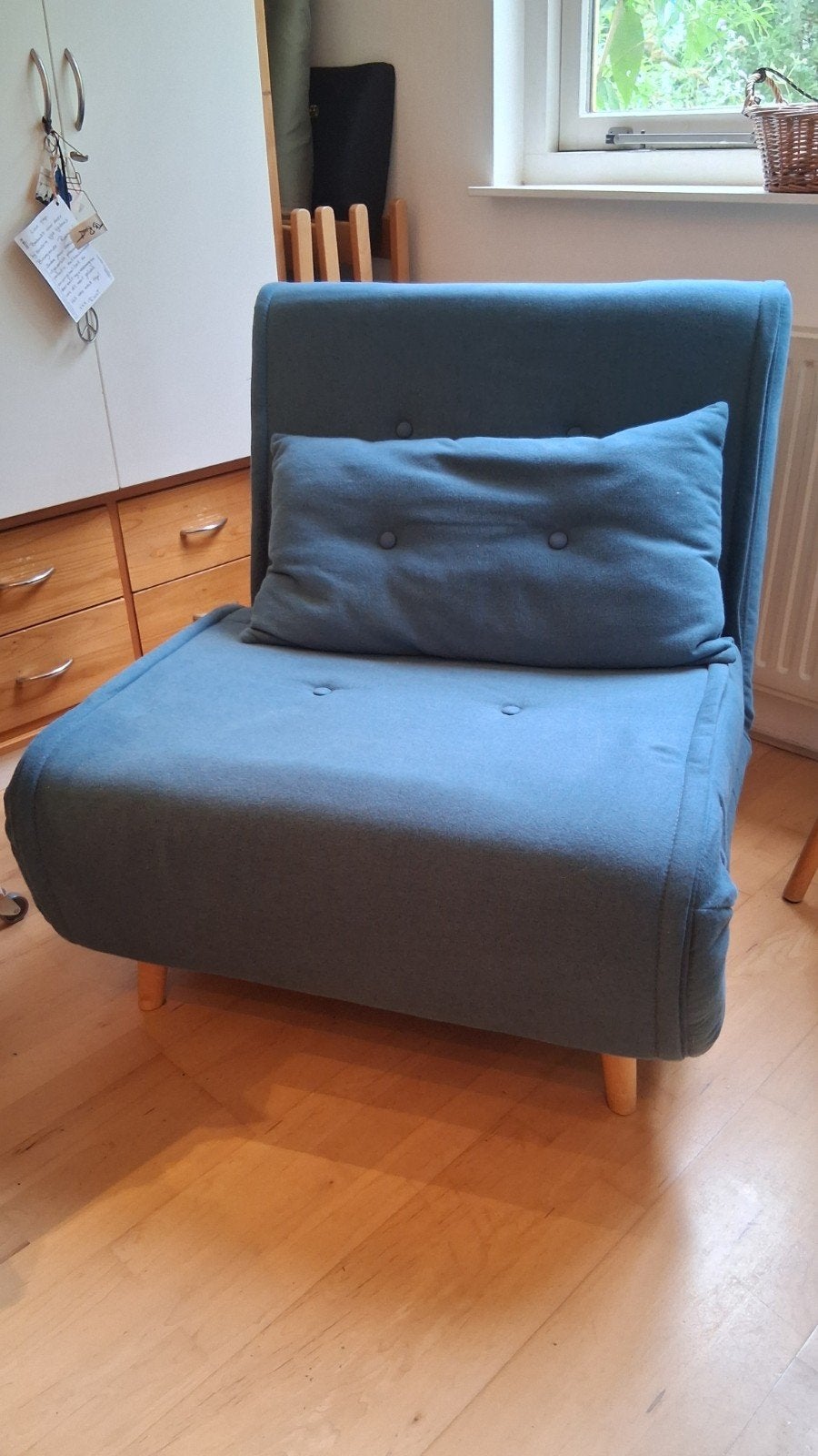 Slaapfauteuil / Slaapstoel met matras, Ophalen, Gebruikt, Eenpersoons, Blauw