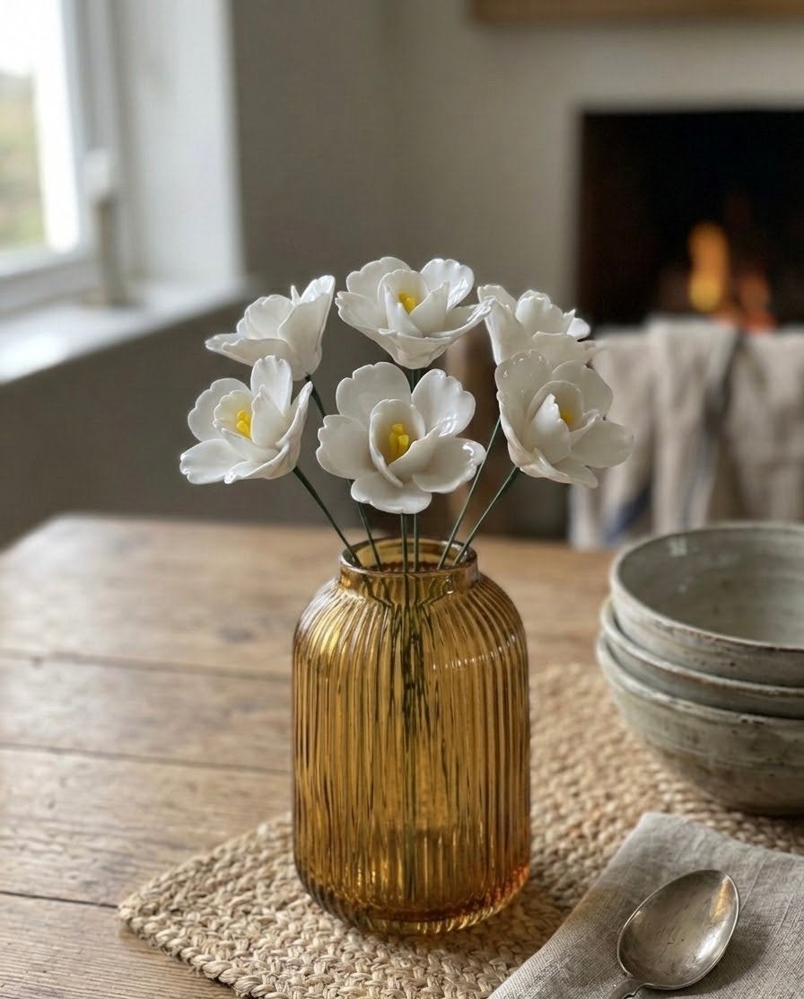 NIEUW !! Prachtig boeket keramieken bloemen, 6 stuks, Steen/keramiek, Ophalen of Verzenden, Nieuw, Wit