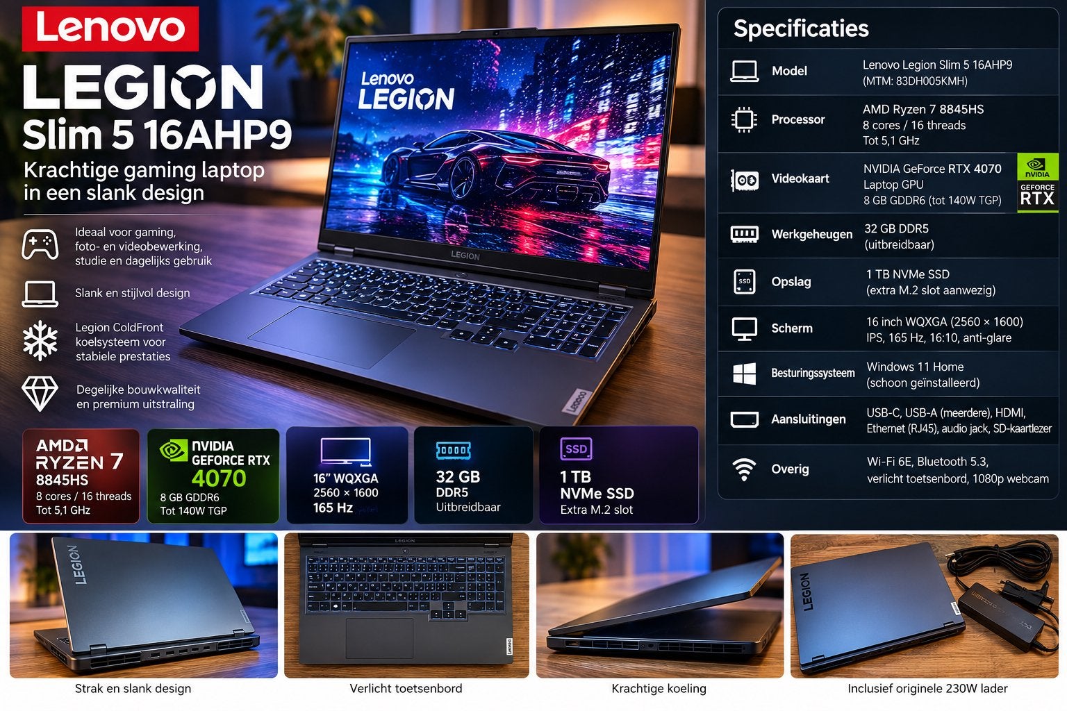 Lenovo Legion Slim 5 16 RTX 4070 | Ryzen 7 32G 1TB 165Hz, Ophalen, Zo goed als nieuw, Gaming, 4 Ghz of meer