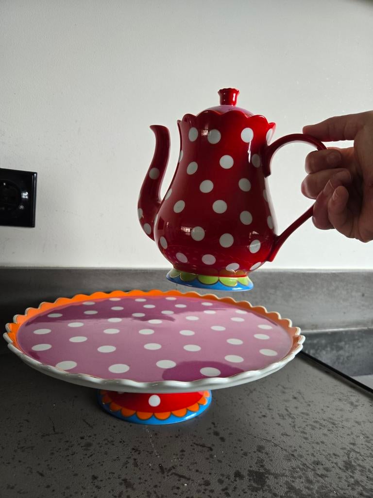 Oilily schaal/taartplateau en theepot, Huis en Inrichting, Ophalen, Zo goed als nieuw