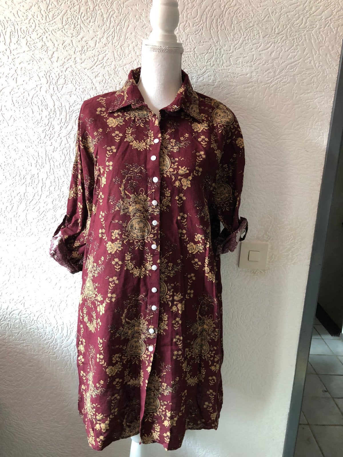 Maat L / XL - katoenen top / jurk - Bordeaux paars geprint, Paars, Maat 42/44 (L), Ophalen of Verzenden, Zo goed als nieuw