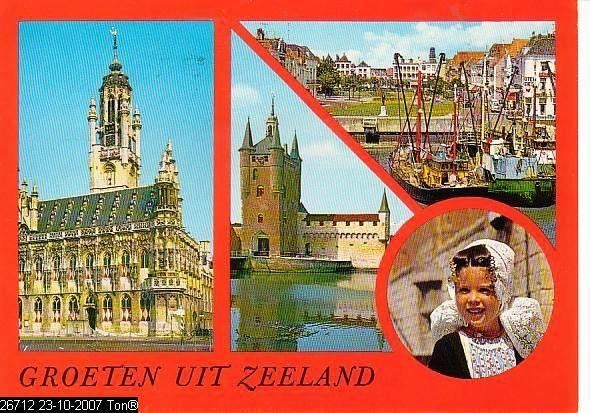 Ansichtkaart	Zeeland	4-luik	klederdracht, Verzenden, 1960 tot 1980, Gelopen, Zeeland