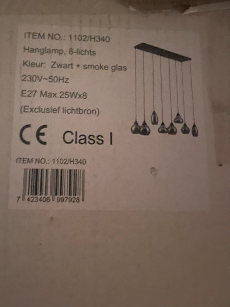Moderne 8-lichts hanglamp zwart met smoke glas, Ophalen, Nieuw, Glas, Smoke glass