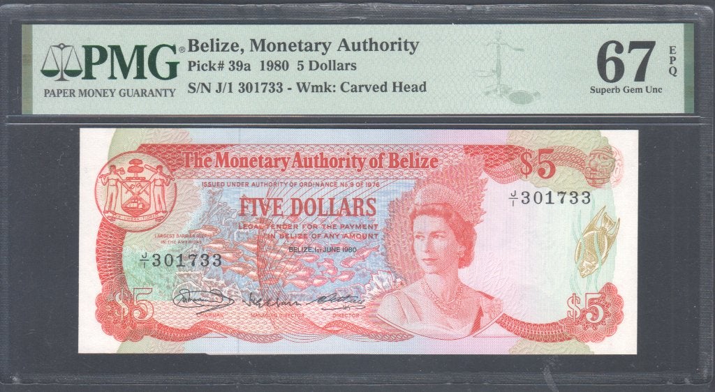 Belize 5 Dollars 1980  PMG Graded 67 EPQ, Verzenden, Midden-Amerika, Los biljet
