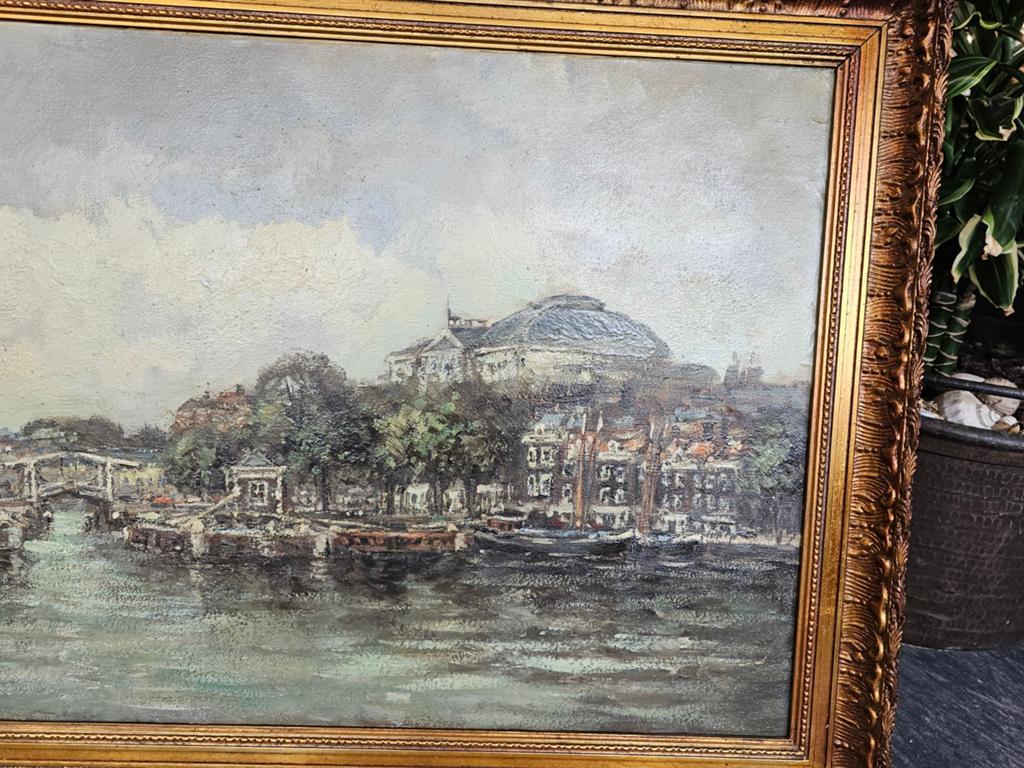 Schilderij: Amsterdamse Haven Hotel - Olieverf op doek, Antiek en Kunst, Ophalen of Verzenden