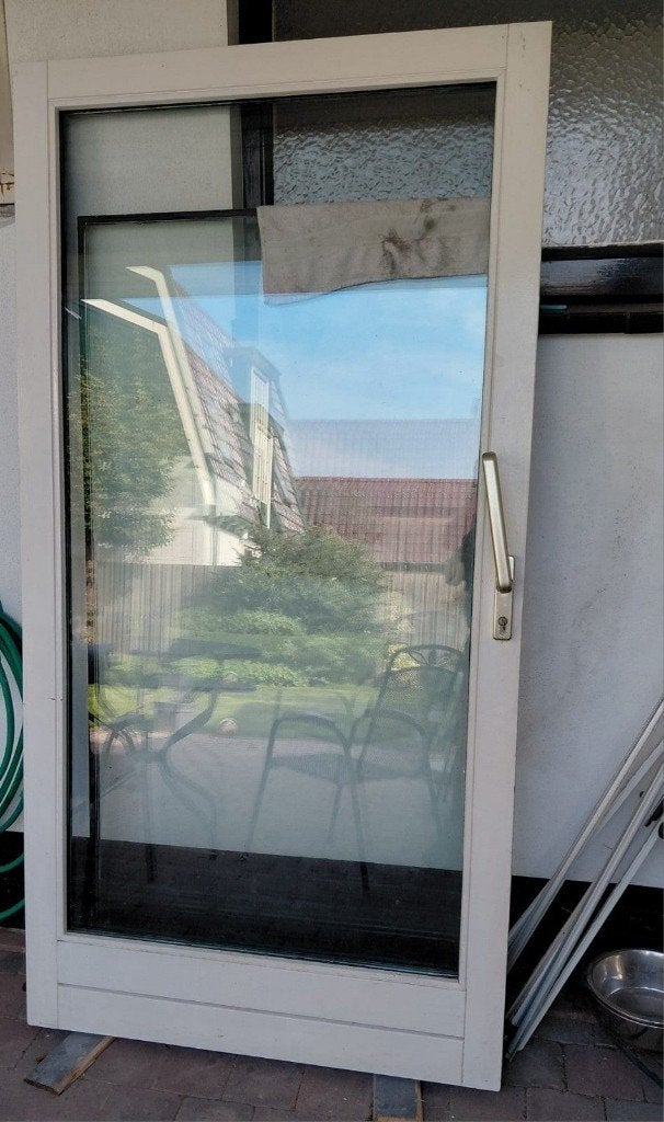 Losse houten schuifdeur met dubbel glas + losse glasplaat, Ophalen, Gebruikt, 120 cm of meer, Buitendeur