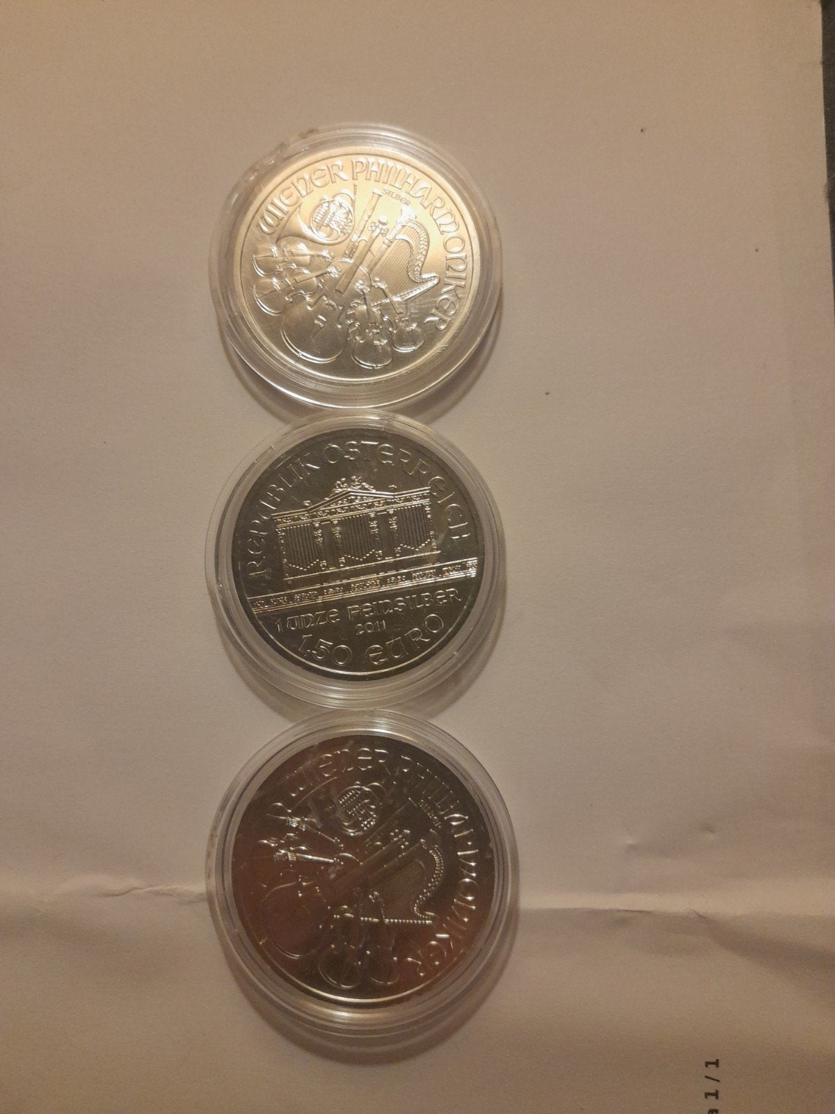 3 stuks wiener philharmoniker 2011,  1 0z .999, Postzegels en Munten, Ophalen, Zilver