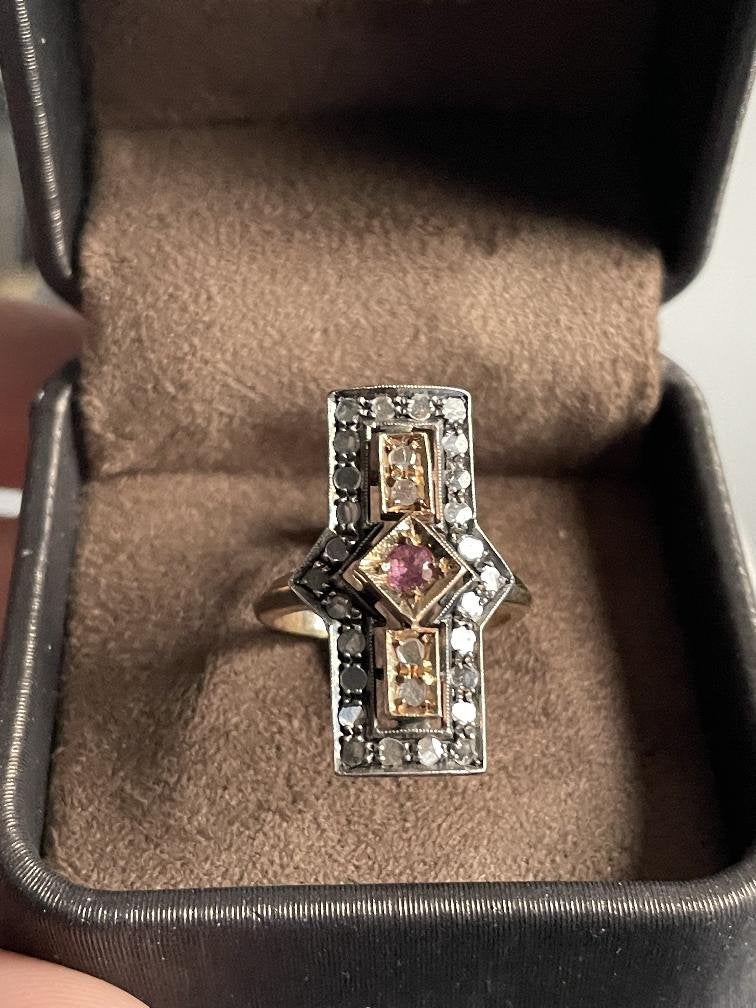 Antieke 12 karaat gouden ring met roosdiamanten en robijn, Ophalen of Verzenden, Goud, Ring