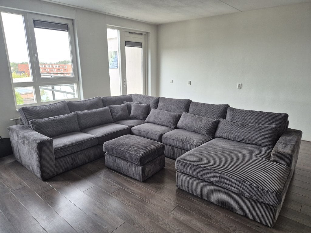 Grote U Bank Chaise Longue Grijs/Antraciet + Hocker, Ophalen, Gebruikt, 300 cm of meer, 75 tot 100 cm