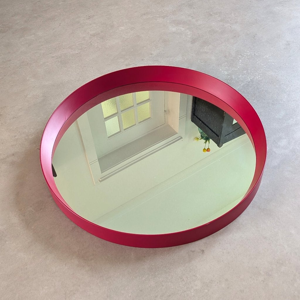 Grote ronde spiegel. Rood. Vintage. Retro. 80 cm, Ophalen, Gebruikt, Rond, 75 tot 100 cm