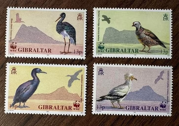 Gibraltar 1991 WWF Vogels ooievaar patrijs Postfris, Ophalen of Verzenden, Postfris