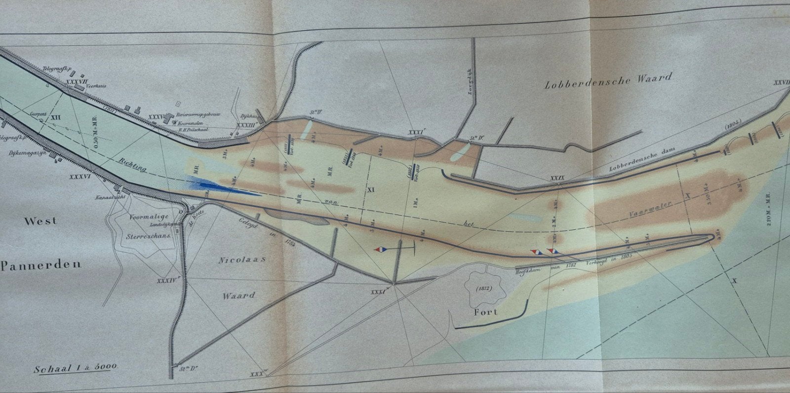 Historische kaart Pannerden en Lobberdensche Waard, Gelezen, Ophalen of Verzenden, Landkaart, 1800 tot 2000