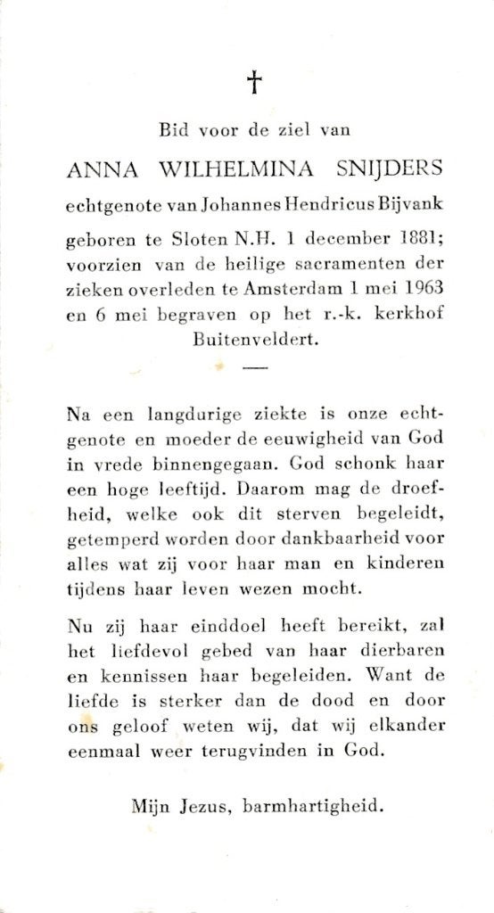Snijders Anna 1881 Sloten 1963 Amsterdam, Ophalen of Verzenden, Bidprentje