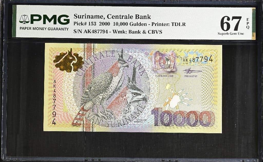 UNC biljet 10000 gulden Suriname, 2000 | PMG 67 EPQ, Ophalen of Verzenden