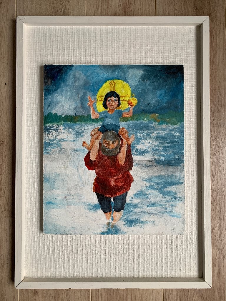 Geschilderd houten paneel St Christoffel, 36x44 cm, Paneel, Ophalen of Verzenden, Olieverf, Klassiek