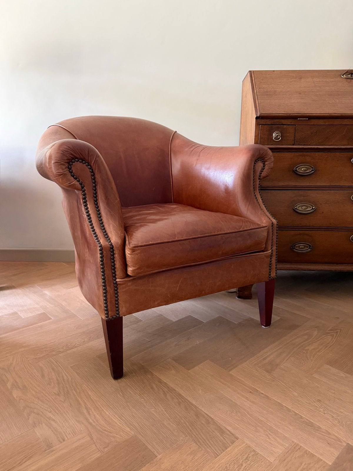 Vintage Leren Club Fauteuil - Hoogwaardig Runderleer, Ophalen, Gebruikt, Leer, 75 tot 100 cm