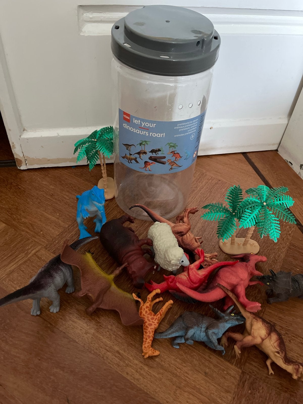 Hema dinosaurus speelset met opbergton, Ophalen, Gebruikt, Jongen of Meisje
