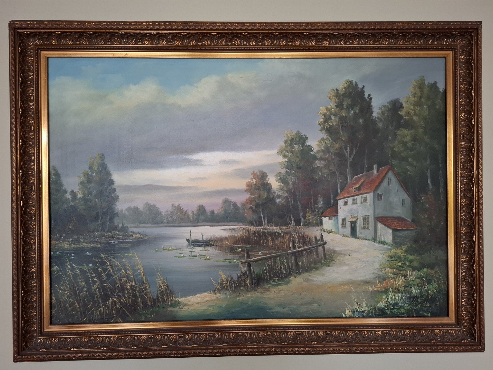 Groot Olieverf Landschap met Huis aan Meer (105x75 cm), Ophalen, Doek, Landschap, Olieverf