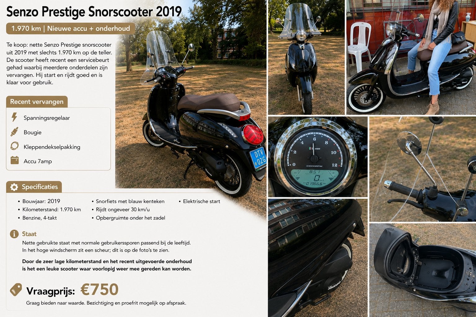 Senzo snorscooter – zwart – 30 km/u – recent onderhoud, Ophalen, Zo goed als nieuw