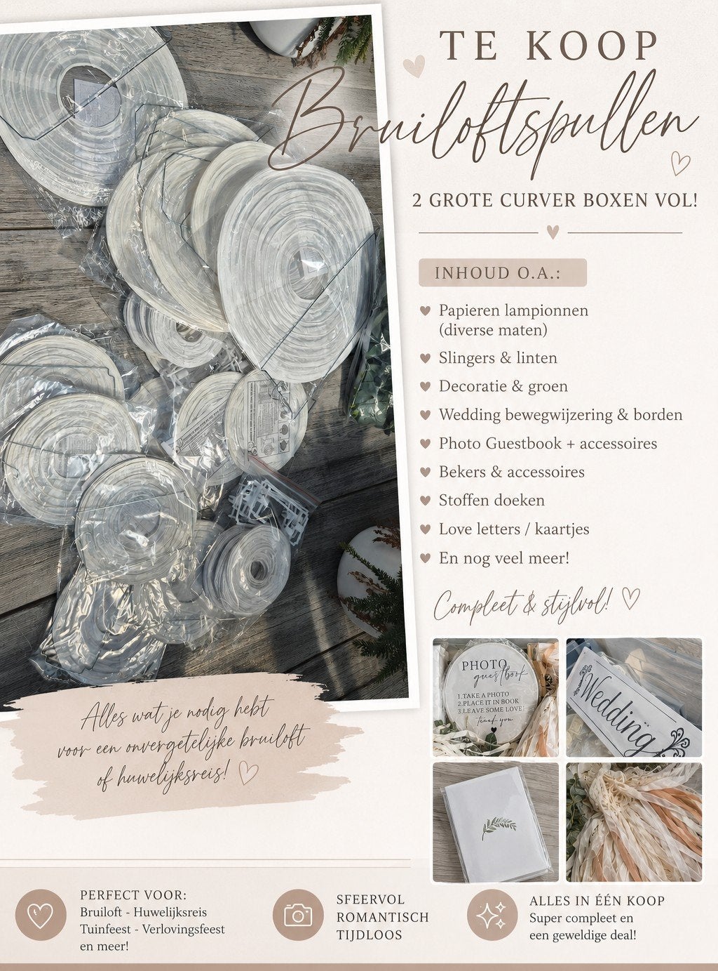 Te koop: Complete set bruiloftspullen en LOVE Letters, Zo goed als nieuw, Geboorte of Huwelijk, Ophalen, Versiering