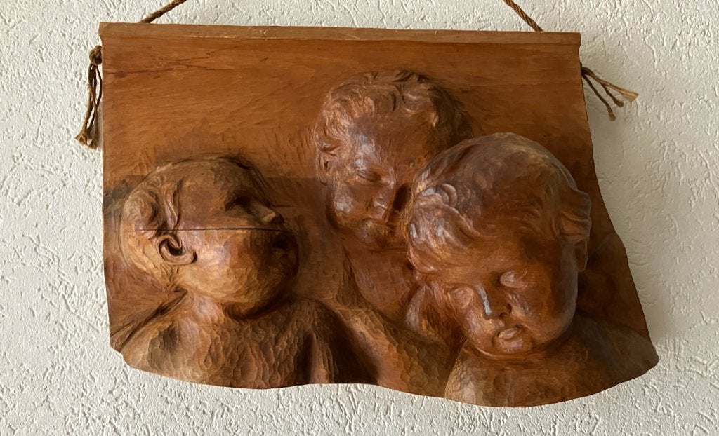 Houtsnijwerk 3 Kinderkopjes rond 1910-1920, Antiek en Kunst, Ophalen of Verzenden, Wanddecoratie, Groep mensen