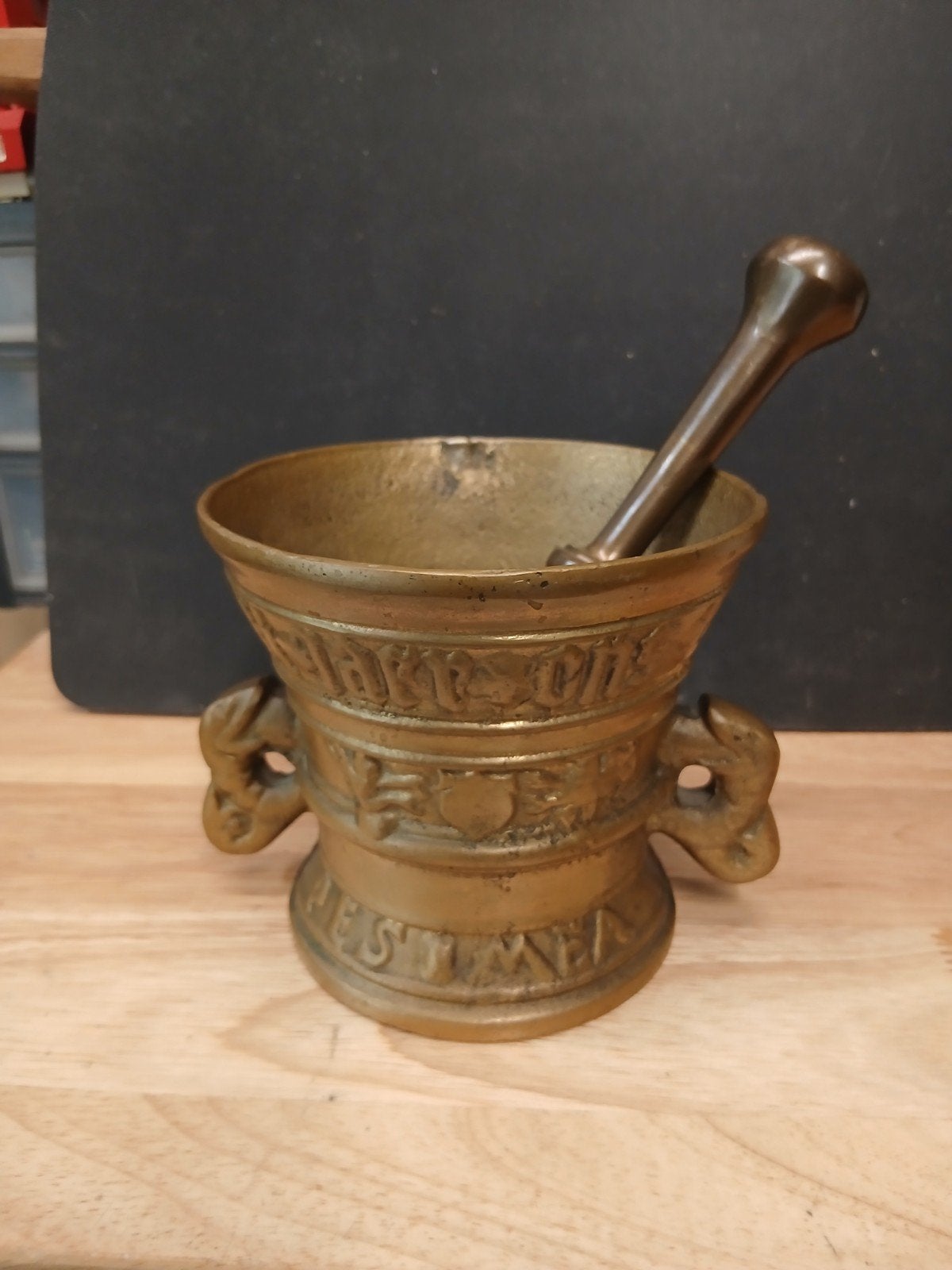 Antieke bronzen vijzel met stamper, Ophalen of Verzenden