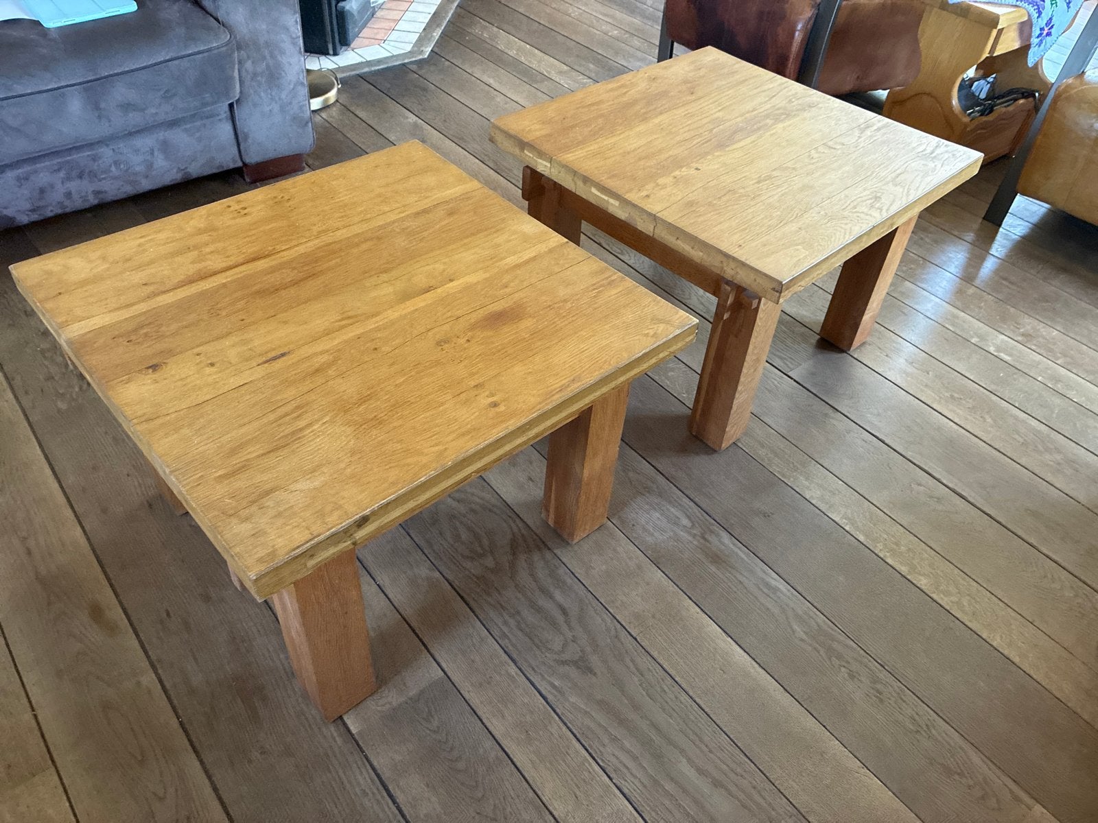 Set van 2 massief eikenhouten bijzettafels, Huis en Inrichting, Ophalen, Gebruikt, Minder dan 50 cm, Eikenhout