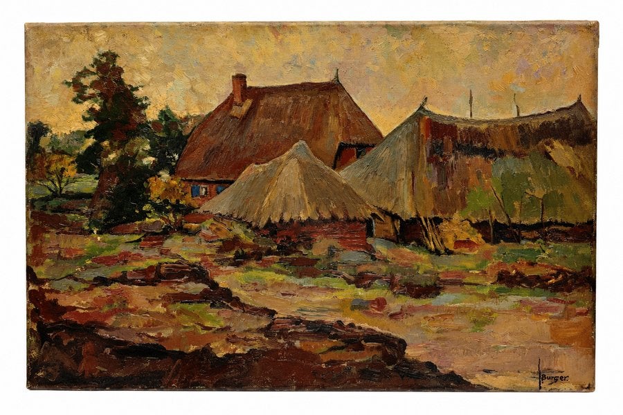Hollandse School 20e eeuw - Boerderij in landschap, Antiek en Kunst, Nederlandse school, Doek, Ophalen of Verzenden, Gesigneerd