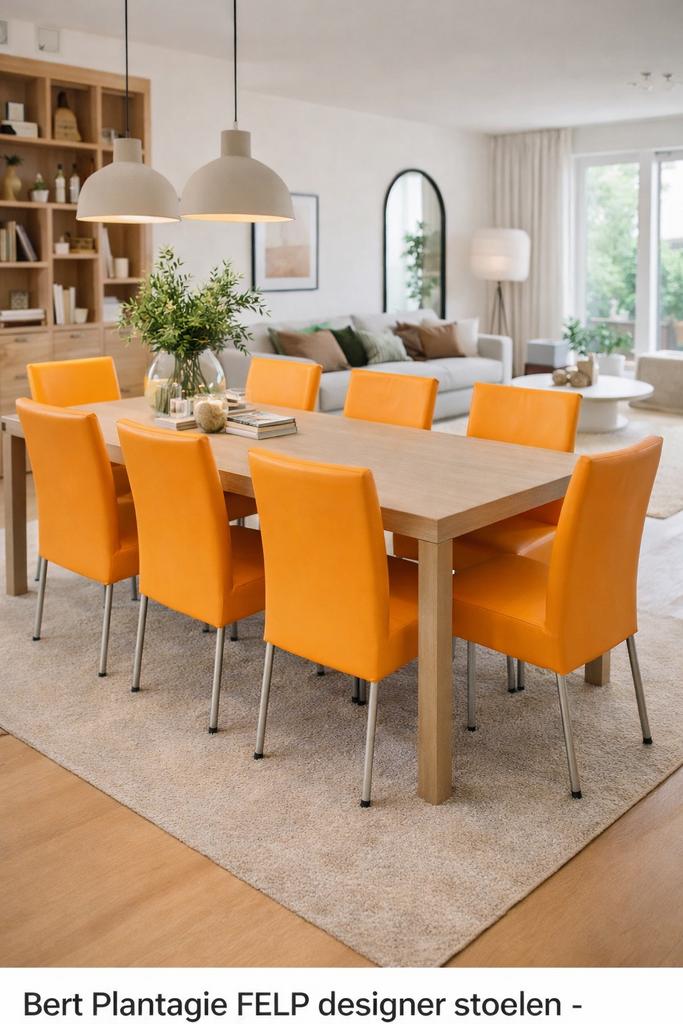 Set van 6 oranje Bert Plantage Felp eetkamerstoelen, Ophalen, Gebruikt, Overige kleuren, Leer