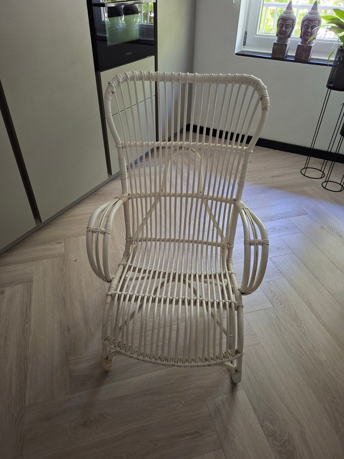 Prachtige Vintage Rotan Fauteuil / Hoge Rug (Rohé stijl), Gebruikt, Wit, Riet of Rotan, Ophalen of Verzenden