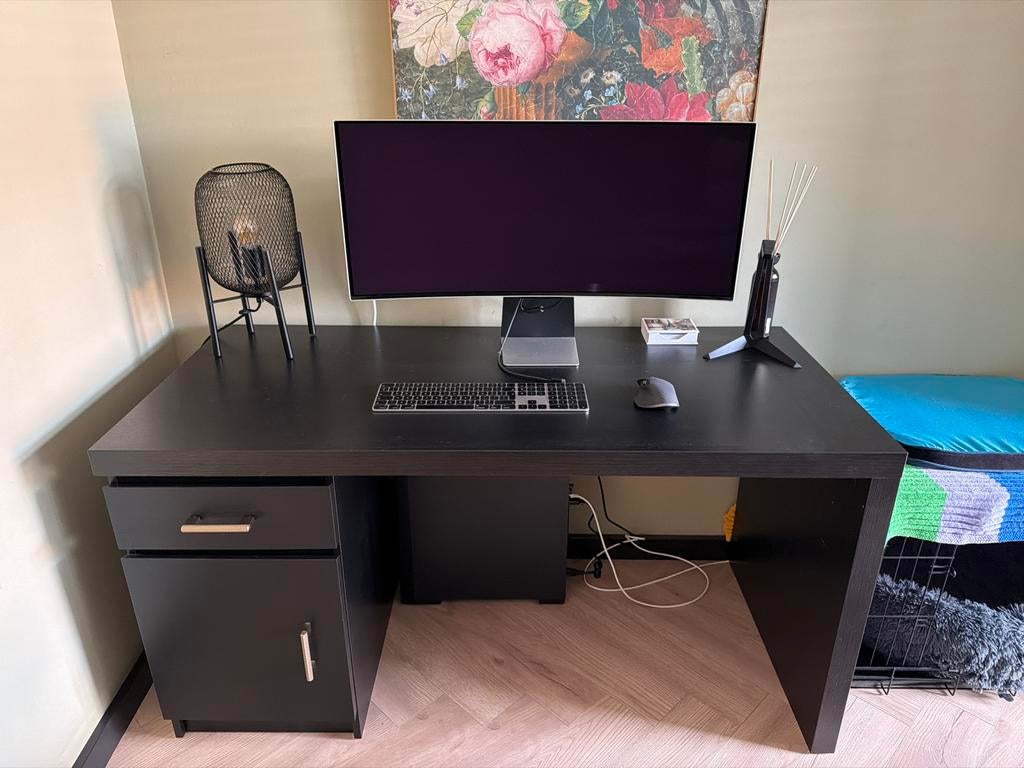 IKEA Malm Zwart bureau met lade en kastje, Huis en Inrichting, Ophalen, Zwart, Met lades, Spaanplaat of MDF