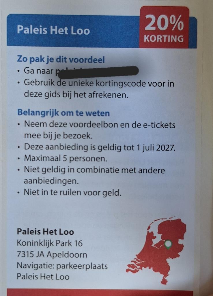 Paleis Het Loo Apeldoorn 20% korting, Tickets en Kaartjes, Drie personen of meer, Kortingskaart
