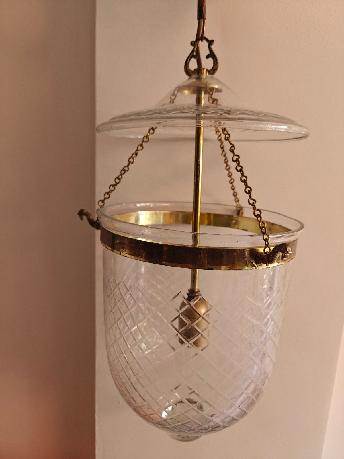 Antieke glazen hanglamp lantaarn met messing details, Ophalen of Verzenden