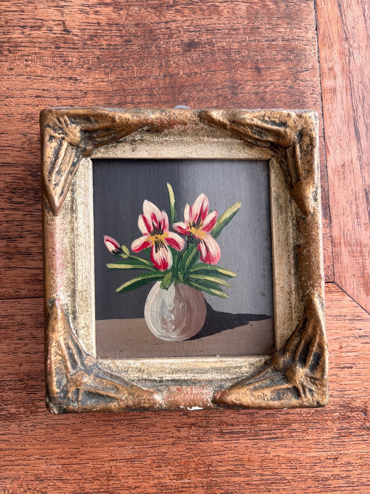 Klein schilderij met bloemen in vaas, Antiek en Kunst, Bloemen, Paneel, Ophalen of Verzenden, Olieverf